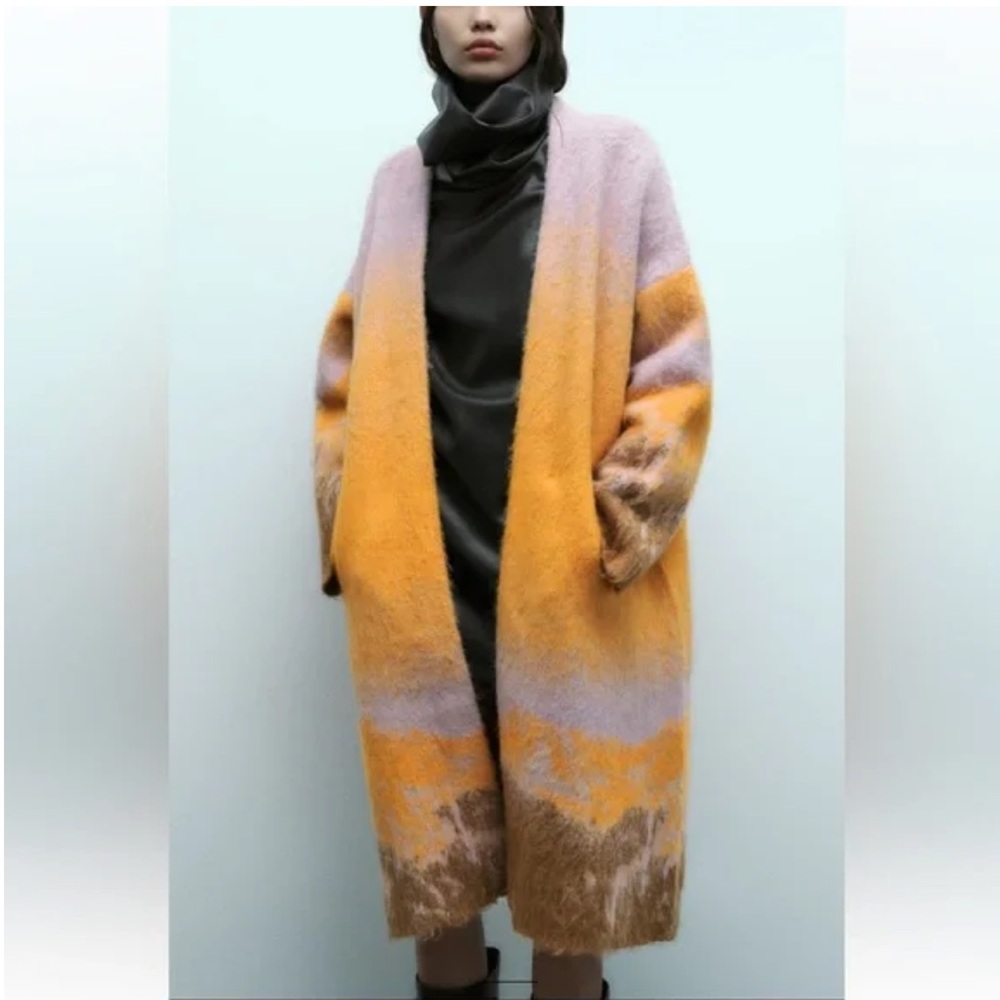 Zara Alpaca Wool blend Colorful Knit Wrap Coat, Long Cardigan, Lilac & Orange, M - Picture 2 of 16